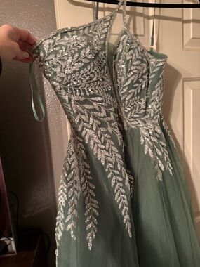 Sage Green Tulle Prom Dress with Silver Sequin Leaf Appliqué